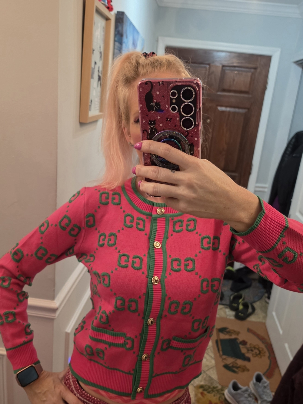 Gucci Pink & Green GG Jacquard Cardigan Ladies Size Medium - Picture 5 of 6